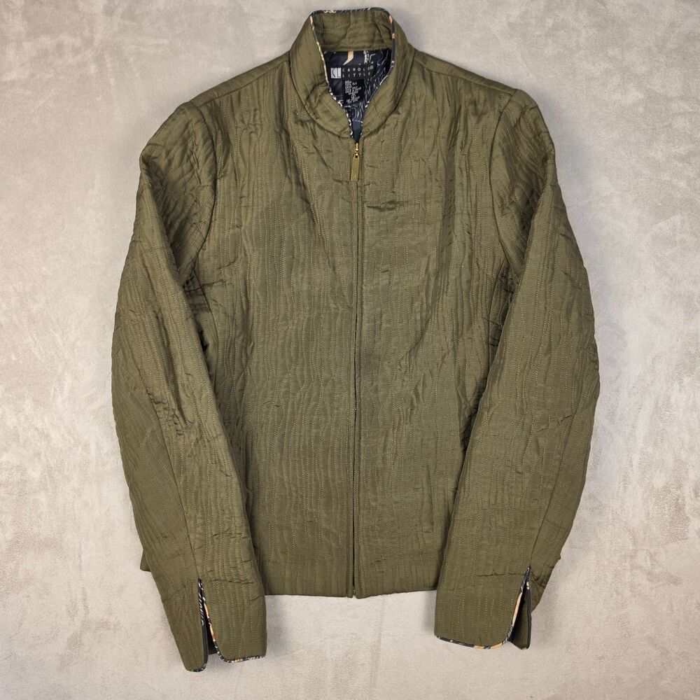 VTG Carole Little 100% Silk Quilted Jacket S Olive Green 80s 90s Art To Wear